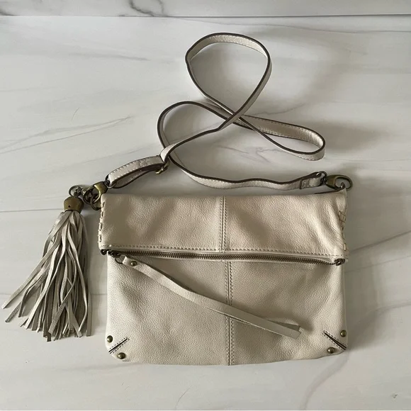 Lucky Brand Real Leather Foldover Option Shoulder Crossbody Bag- Fringe- Ivory - Picture 4 of 10